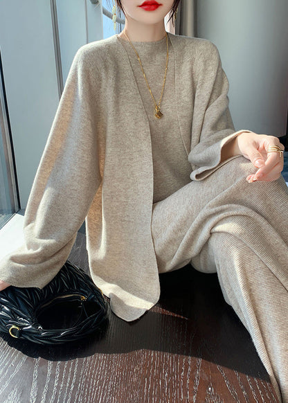 Natural Light Camel V Neck Woolen Cardigan Waistcoat and Wide Leg Pants Three Piece Set Spring
