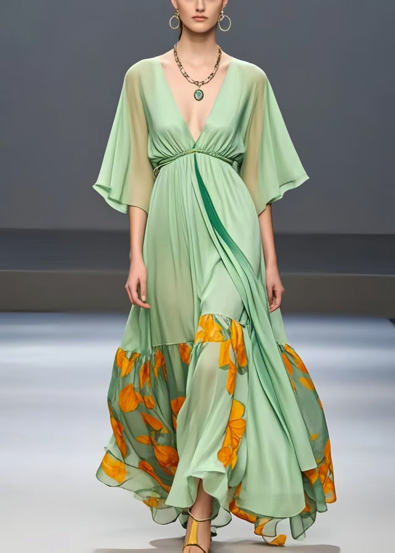 Natural Light Green Exra Large Hem Patchwork Chiffon Holiday Dress Summer