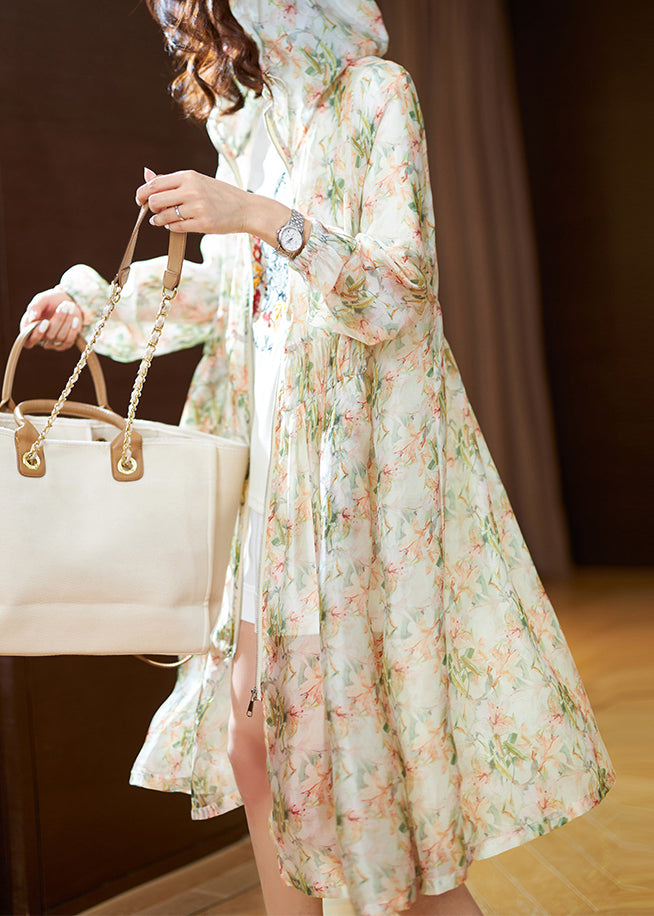 Natural Light Green Print Chiffon Hooded Upf 50+ Coat Summer