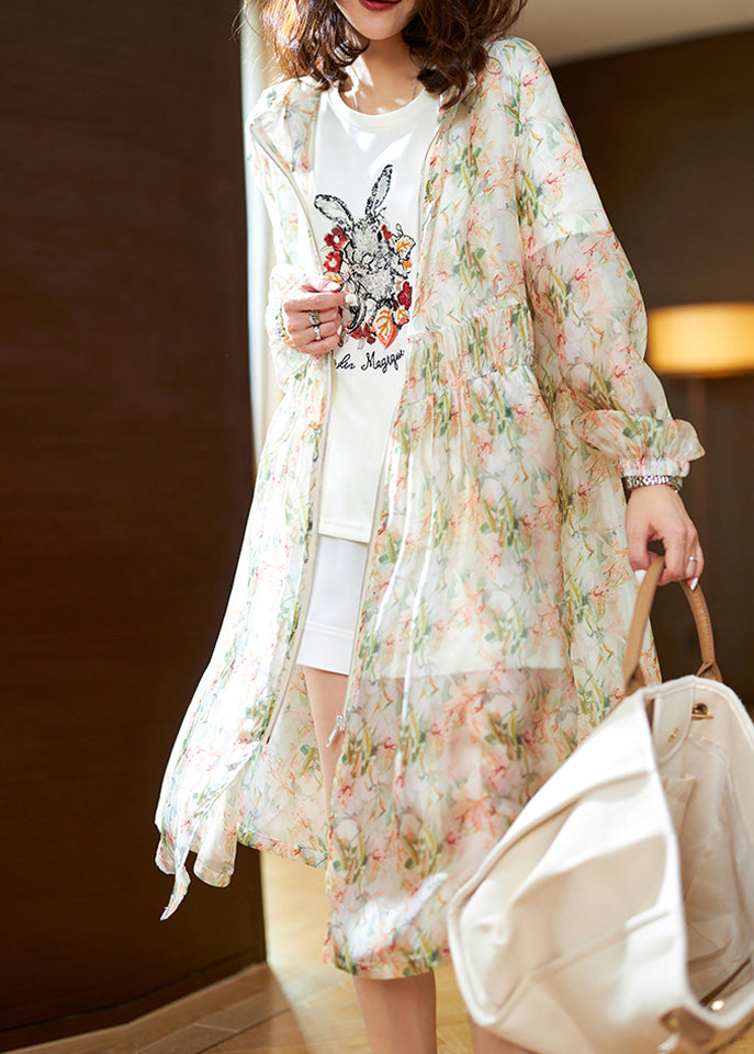 Natural Light Green Print Chiffon Hooded Upf 50+ Coat Summer