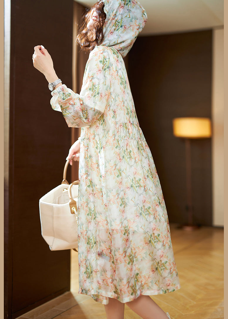 Natural Light Green Print Chiffon Hooded Upf 50+ Coat Summer
