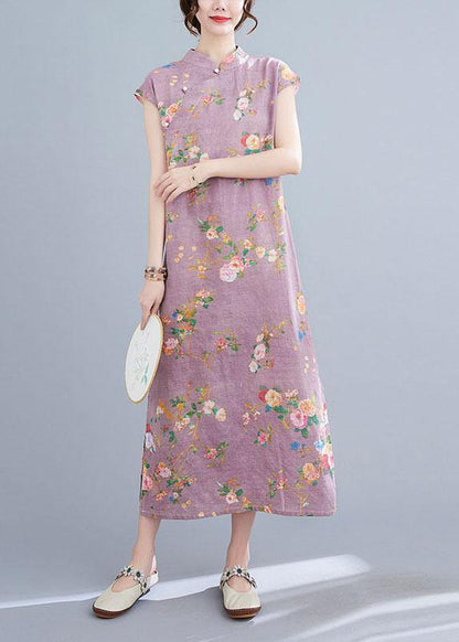 Natural Light Purple Print Button Oriental Mid Dress Summer Cotton Dress