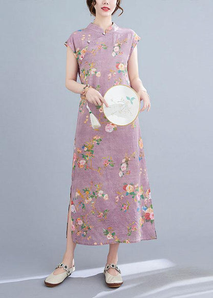 Natural Light Purple Print Button Oriental Mid Dress Summer Cotton Dress