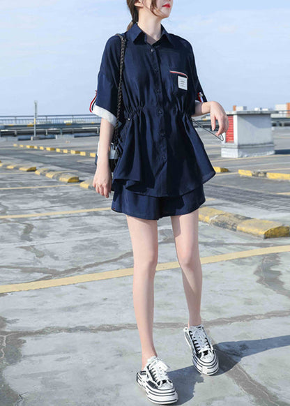 Natural Navy Blue Peter Pan Collar Cotton Shirts and Shorts Two Pieces Set Summer