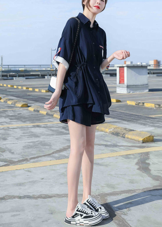 Natural Navy Blue Peter Pan Collar Cotton Shirts and Shorts Two Pieces Set Summer
