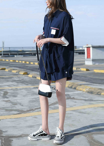 Natural Navy Blue Peter Pan Collar Cotton Shirts and Shorts Two Pieces Set Summer