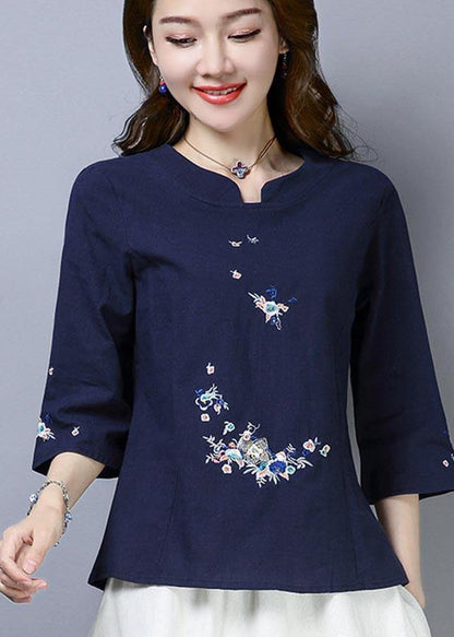 Natural Navy Embroideried Oriental Cotton Linen Shirts Summer