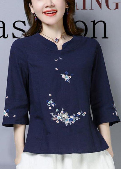 Natural Navy Embroideried Oriental Cotton Linen Shirts Summer