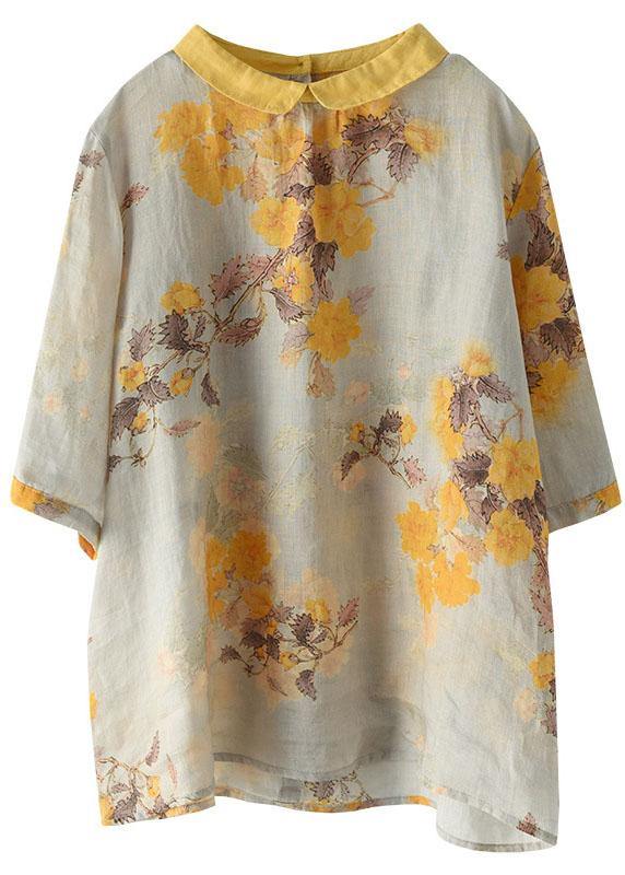 Natural Navy Peter Pan Collar Print Summer Ramie Half Sleeve
