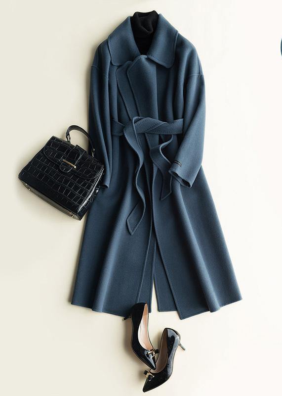 Natural Notched Tie Waist Woolen Coats Blouses Blue Silhouette Outwears