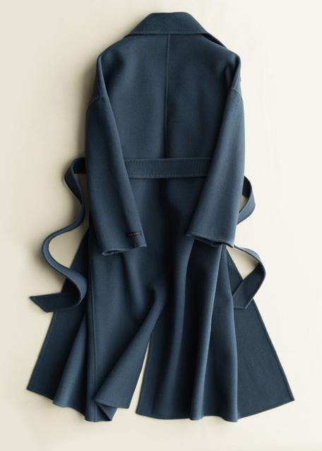 Natural Notched Tie Waist Woolen Coats Blouses Blue Silhouette Outwears
