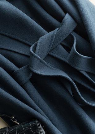 Natural Notched Tie Waist Woolen Coats Blouses Blue Silhouette Outwears