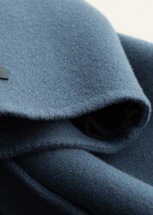 Natural Notched Tie Waist Woolen Coats Blouses Blue Silhouette Outwears