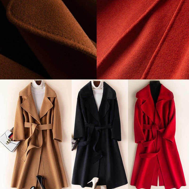 Natural Notched Tie Waist Woolen Coats Blouses Blue Silhouette Outwears