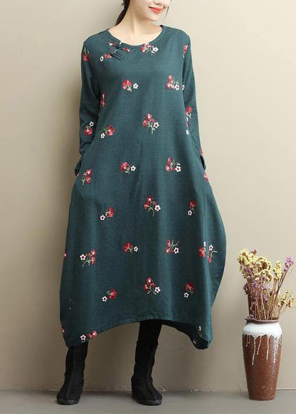 Natural O Neck Asymmetric Spring Clothes Runway Green Embroidery Dress