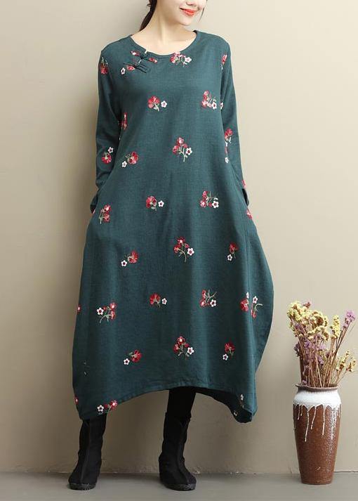 Natural O Neck Asymmetric Spring Clothes Runway Green Embroidery Dress