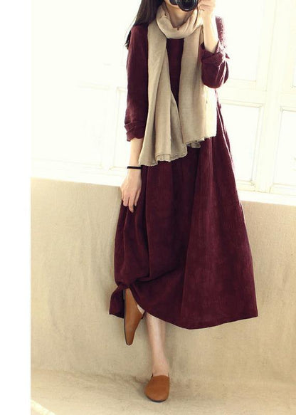 Natural O Neck Cinched Dresses Catwalk Burgundy Jacquard Robe Dresses