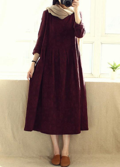 Natural O Neck Cinched Dresses Catwalk Burgundy Jacquard Robe Dresses