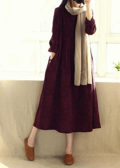 Natural O Neck Cinched Dresses Catwalk Burgundy Jacquard Robe Dresses