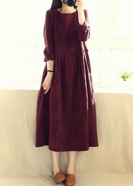 Natural O Neck Cinched Dresses Catwalk Burgundy Jacquard Robe Dresses