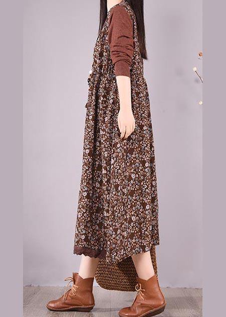 Natural O Neck Lace Spring Clothes Design Chocolate Print Maxi Dress