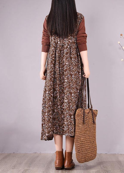 Natural O Neck Lace Spring Clothes Design Chocolate Print Maxi Dress