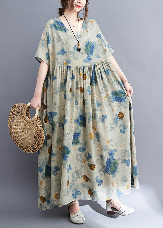 Natural O-neck Print Wrinkled Long Dress Summer