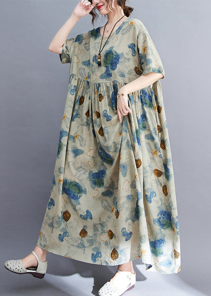 Natural O-neck Print Wrinkled Long Dress Summer