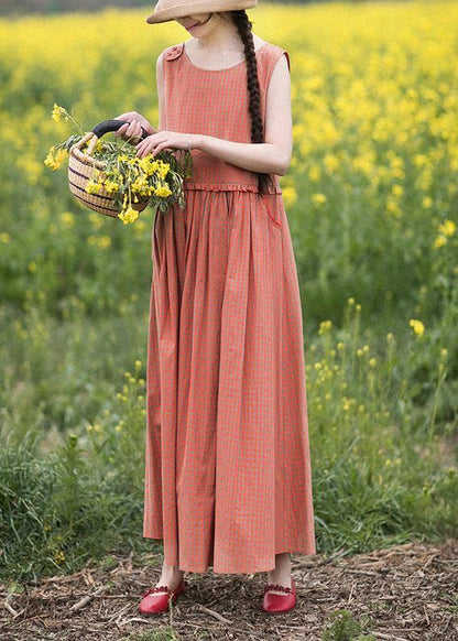 Natural O-neck Summer Wardrobes Outfits Orange Plaid Sleeveless Dresses