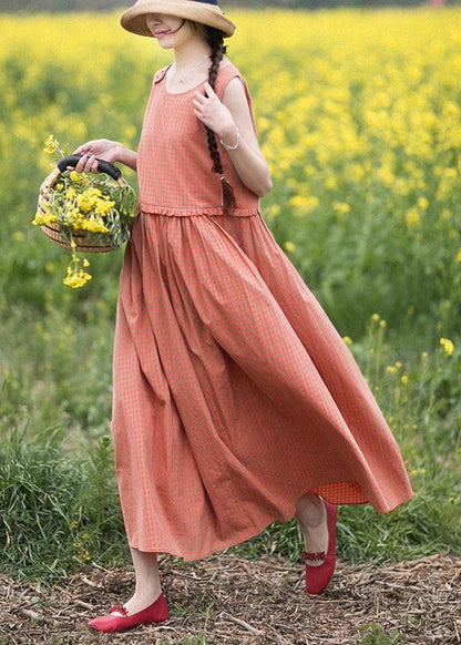 Natural O-neck Summer Wardrobes Outfits Orange Plaid Sleeveless Dresses