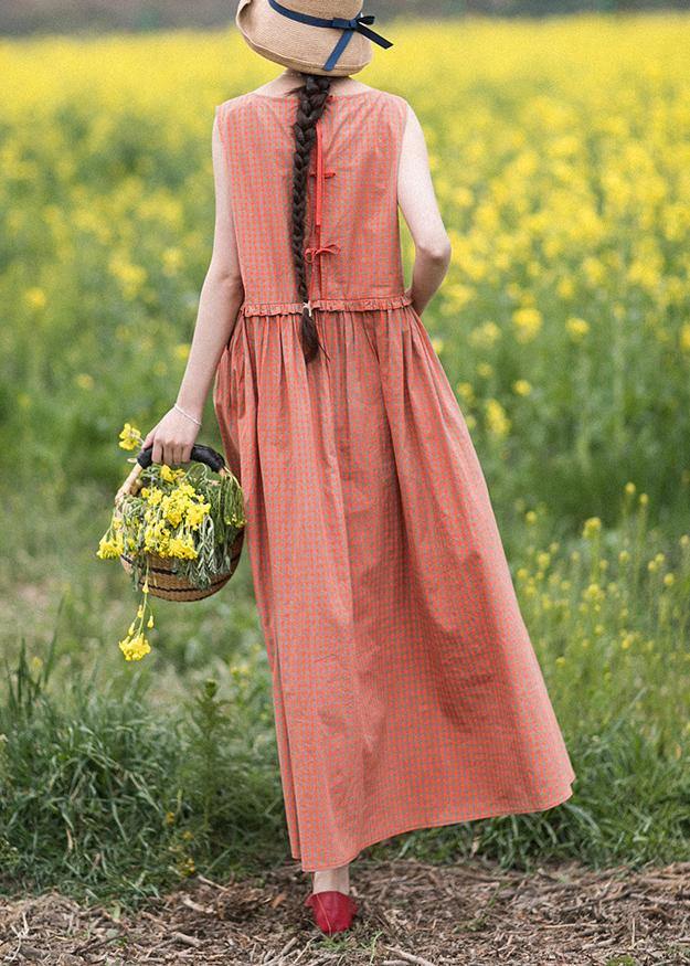 Natural O-neck Summer Wardrobes Outfits Orange Plaid Sleeveless Dresses