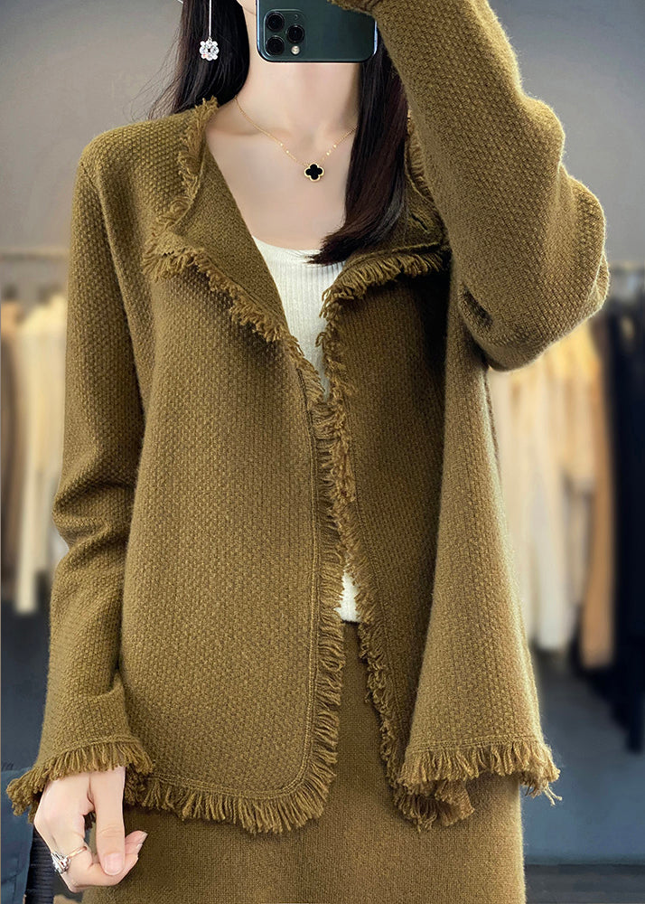 Natural Olive Green O-neck Patchwork Knit Wool Coats Long Sleeve