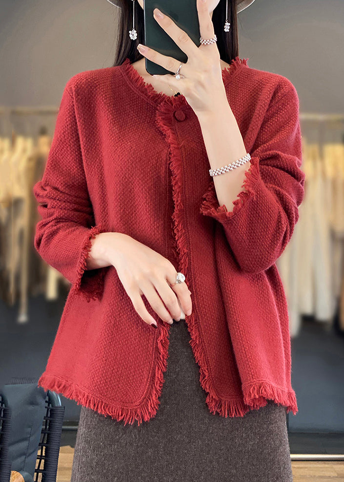 Natural Olive Green O-neck Patchwork Knit Wool Coats Long Sleeve