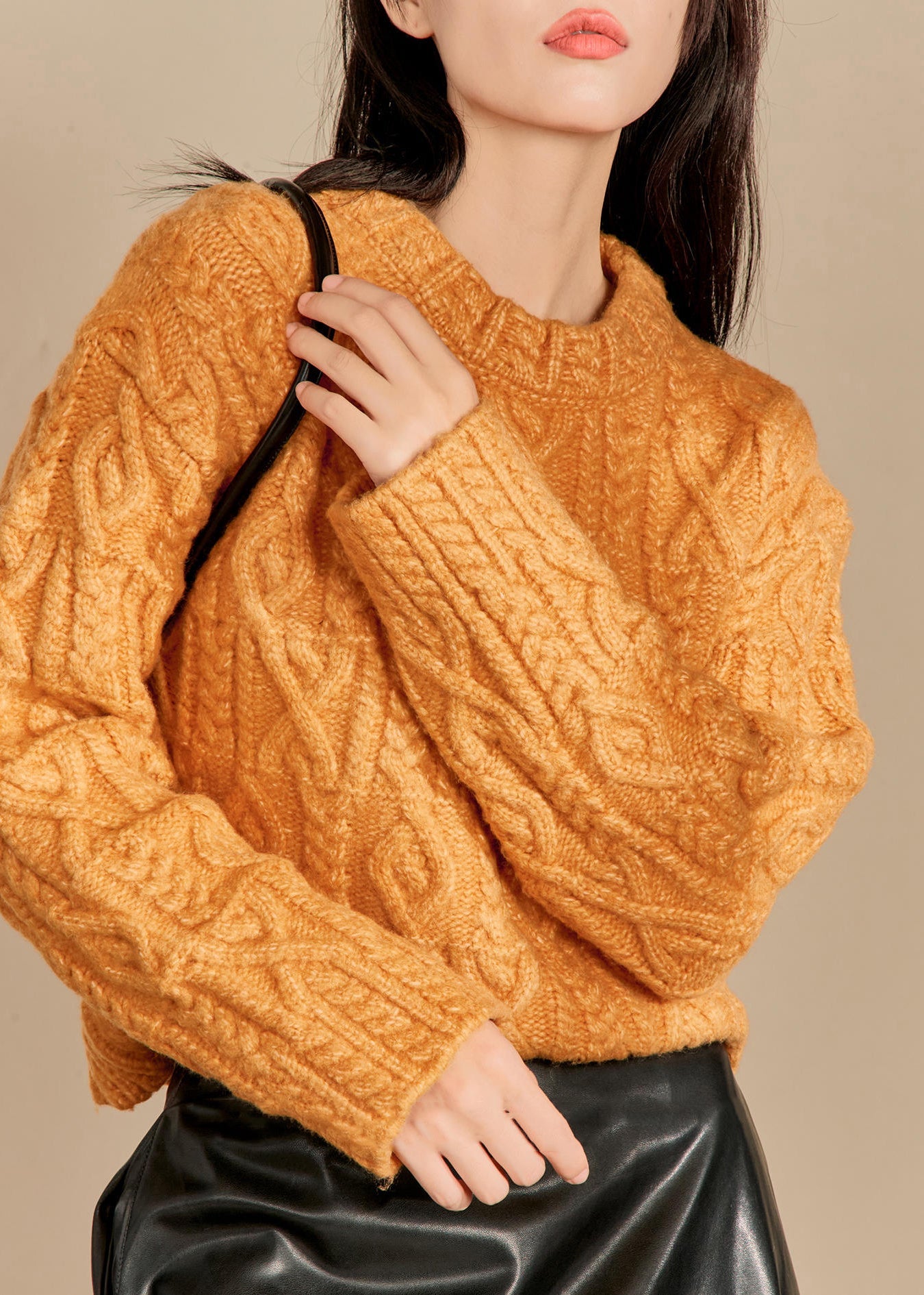Natural Orange O-neck Cable Thick Cotton Knit Sweaters Spring