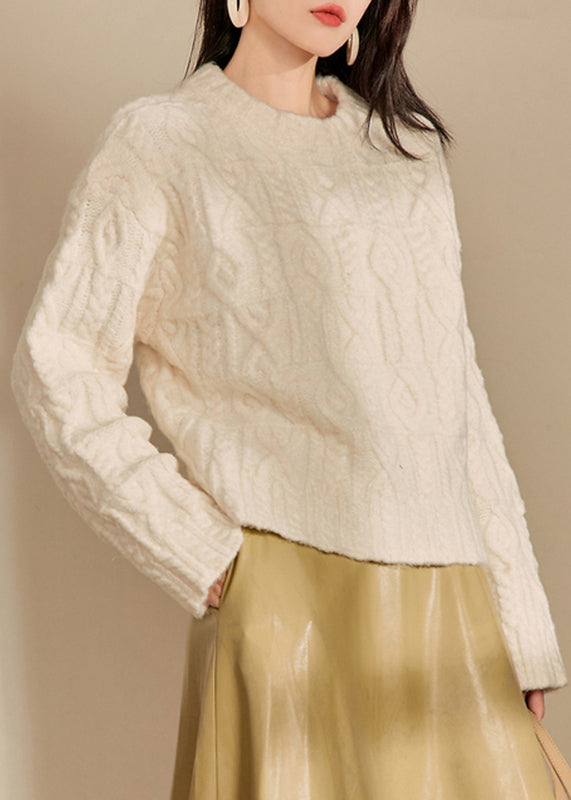 Natural Orange O-neck Cable Thick Cotton Knit Sweaters Spring