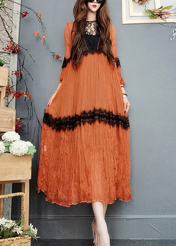 Natural Orange O-neck Lace Patchwork Silk Maxi Dress Flare Sleeve