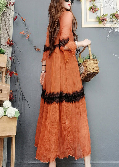 Natural Orange O-neck Lace Patchwork Silk Maxi Dress Flare Sleeve