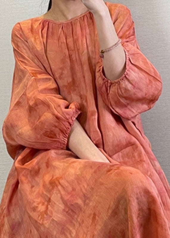 Natural Orange O-neck Tie Dye Maxi Dress Lantern Sleeve