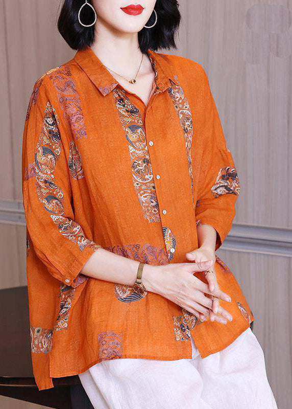 Natural Orange Flower Peter Pan Collar Print Button Side Open Linen Top Half Sleeve