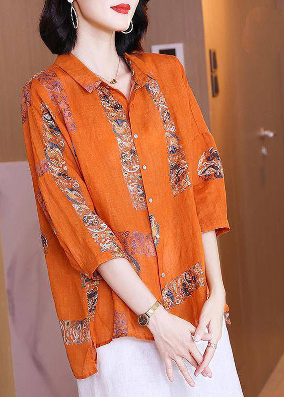 Natural Orange Flower Peter Pan Collar Print Button Side Open Linen Top Half Sleeve