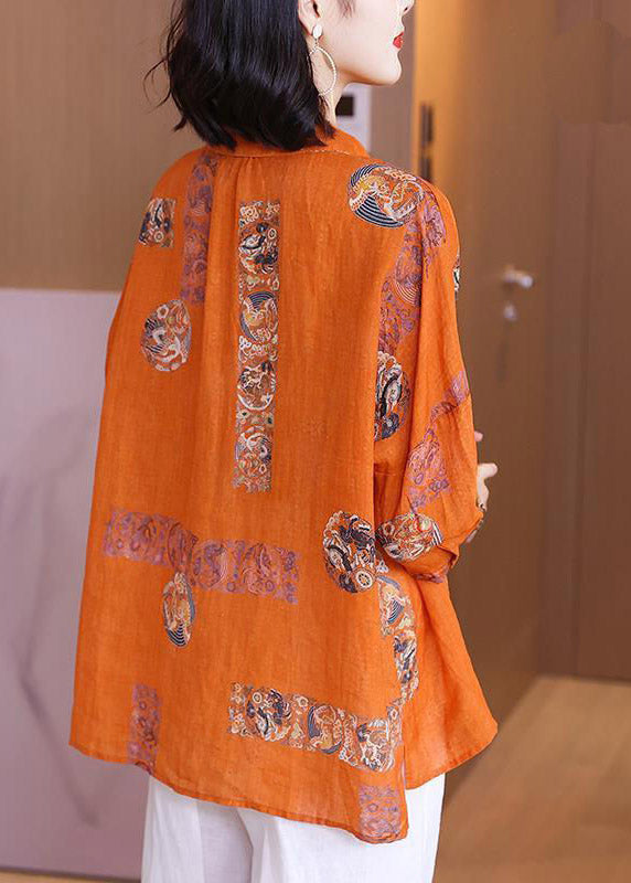 Natural Orange Flower Peter Pan Collar Print Button Side Open Linen Top Half Sleeve