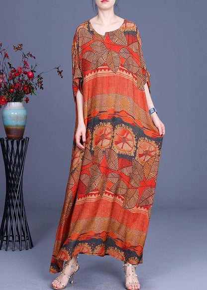 Natural Orange Print O-neck Asymmetrical Design Summer Silk Maxi Dresses