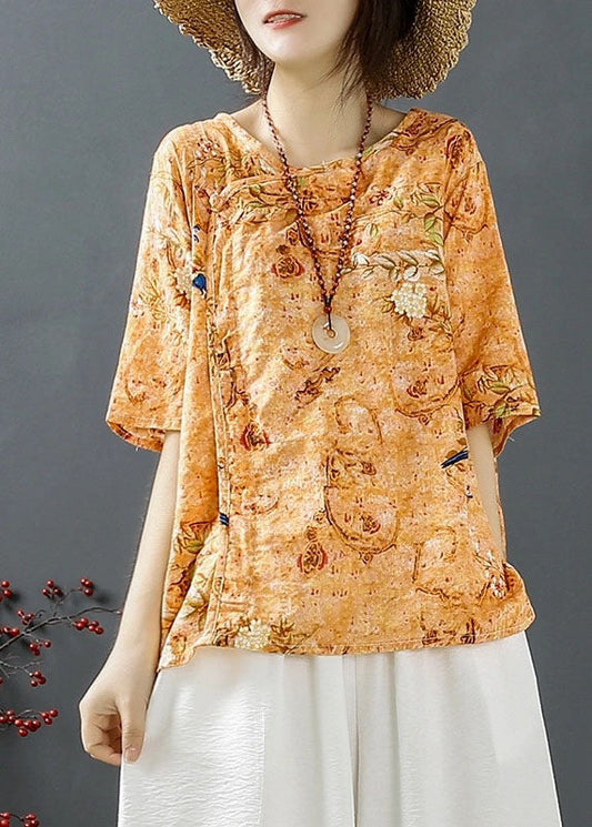 Natural Orange Print Low High Design Tops Half Sleeve