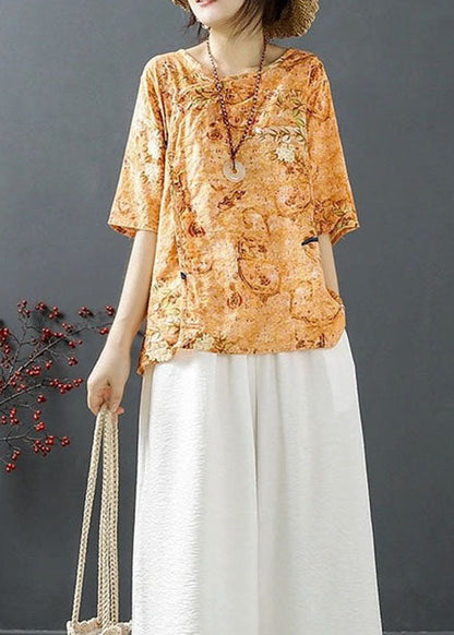 Natural Orange Print Low High Design Tops Half Sleeve