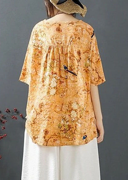 Natural Orange Print Low High Design Tops Half Sleeve