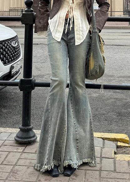 Natural Patchwork Pockets Denim Flared Trousers Spring