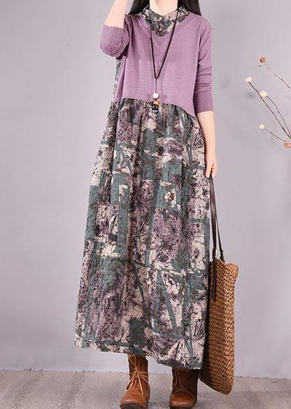 Natural Patchwork Spring Clothes Fabrics Purple Print Loose Dress