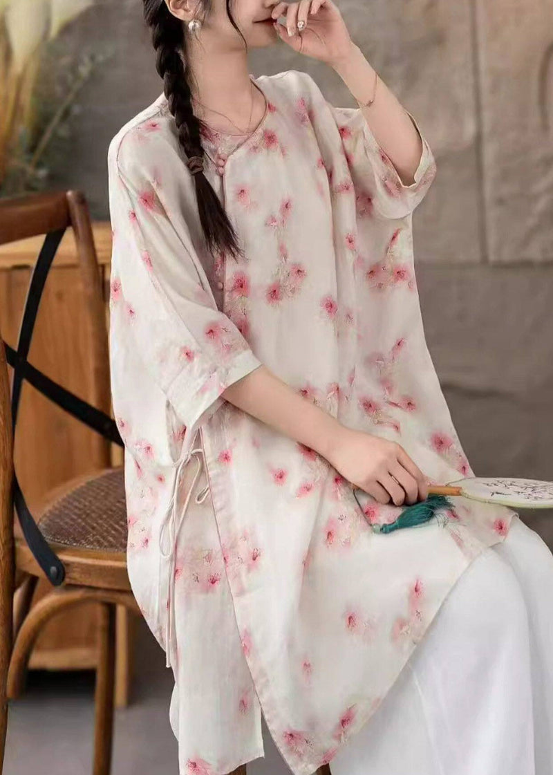 Natural Pink O-neck Print Tie Waist Long Linen Shirt Three Quarter Sleeve