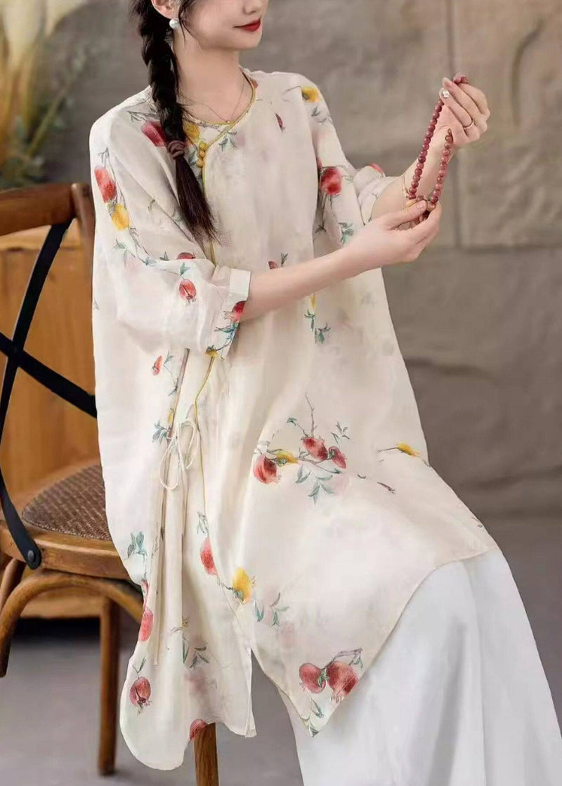 Natural Pink O-neck Print Tie Waist Long Linen Shirt Three Quarter Sleeve