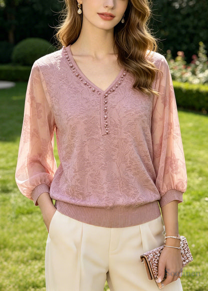 Natural Pink Jacquard Nail Bead Cotton Shirt Top Summer